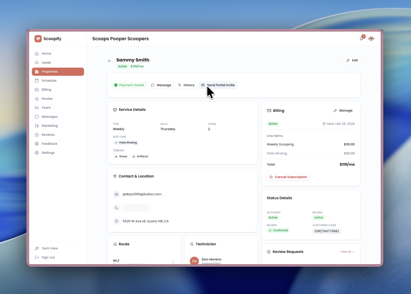 Property detail page showing the Send Portal Invite button