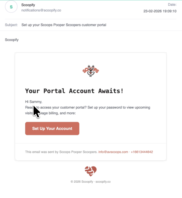 Branded portal invite email with customer name and business logo