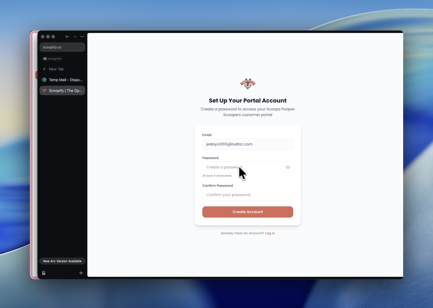 Portal account setup page where customers create their password
