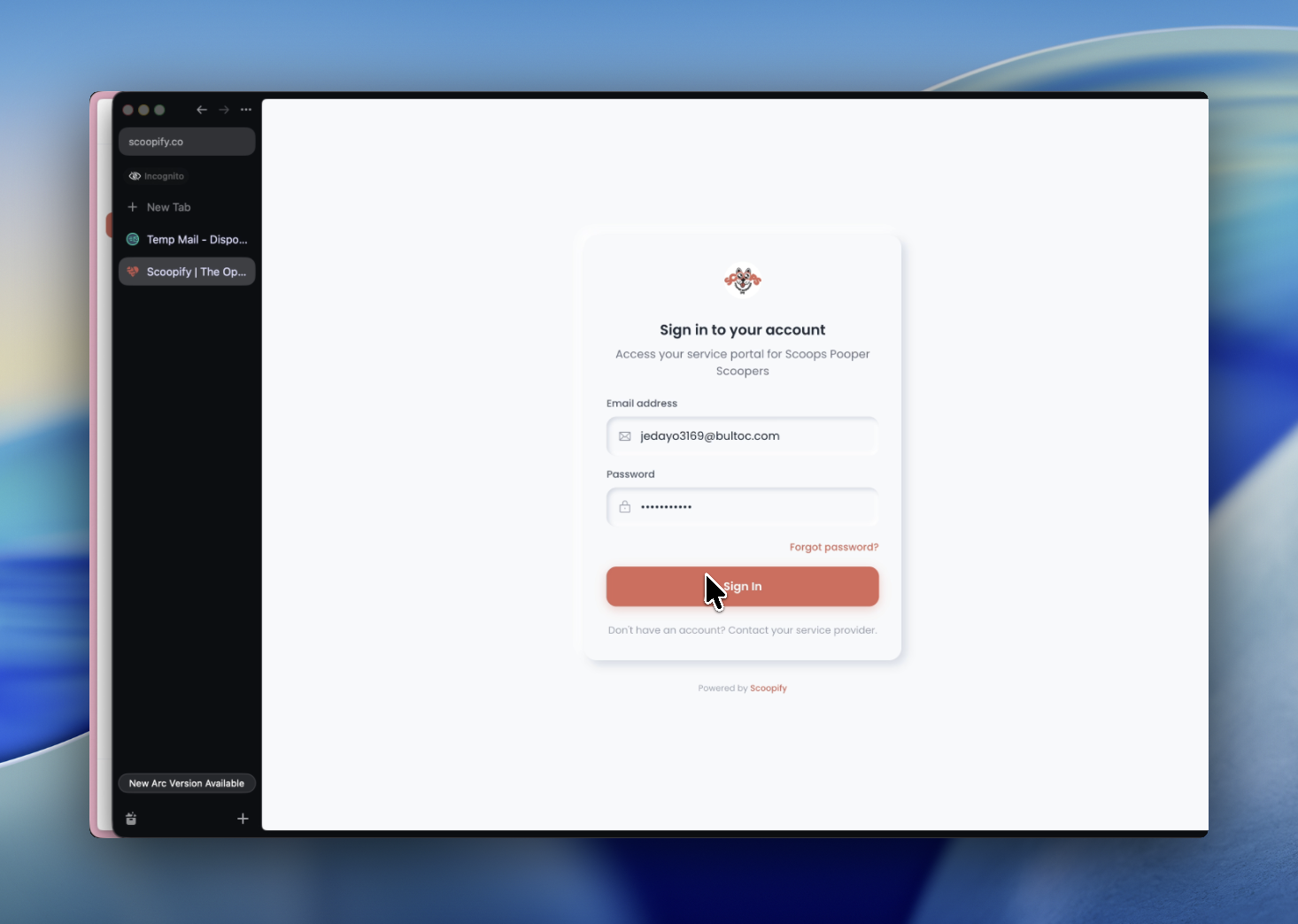 Branded portal login page for the business