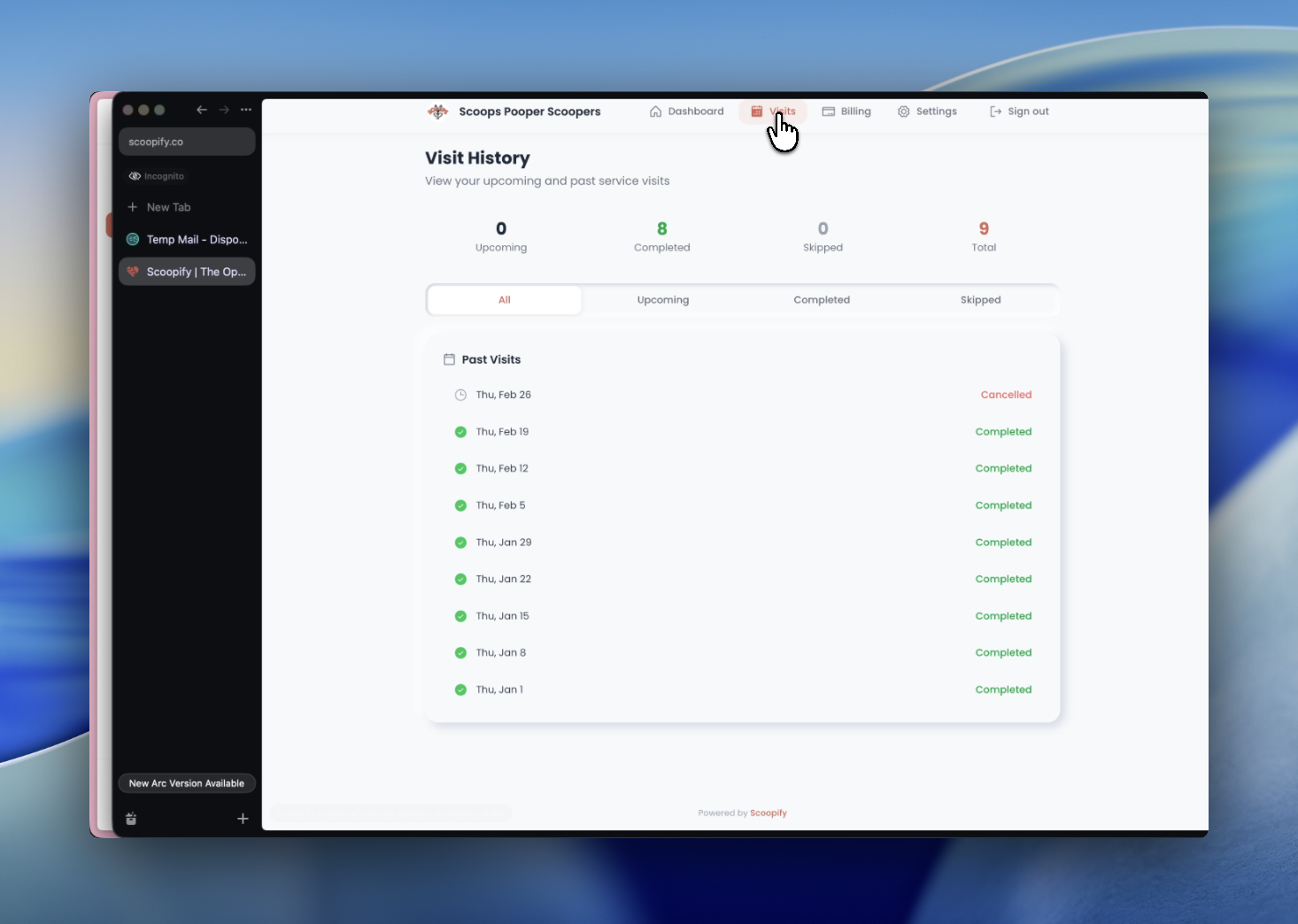 Visits tab showing visit history with status filters