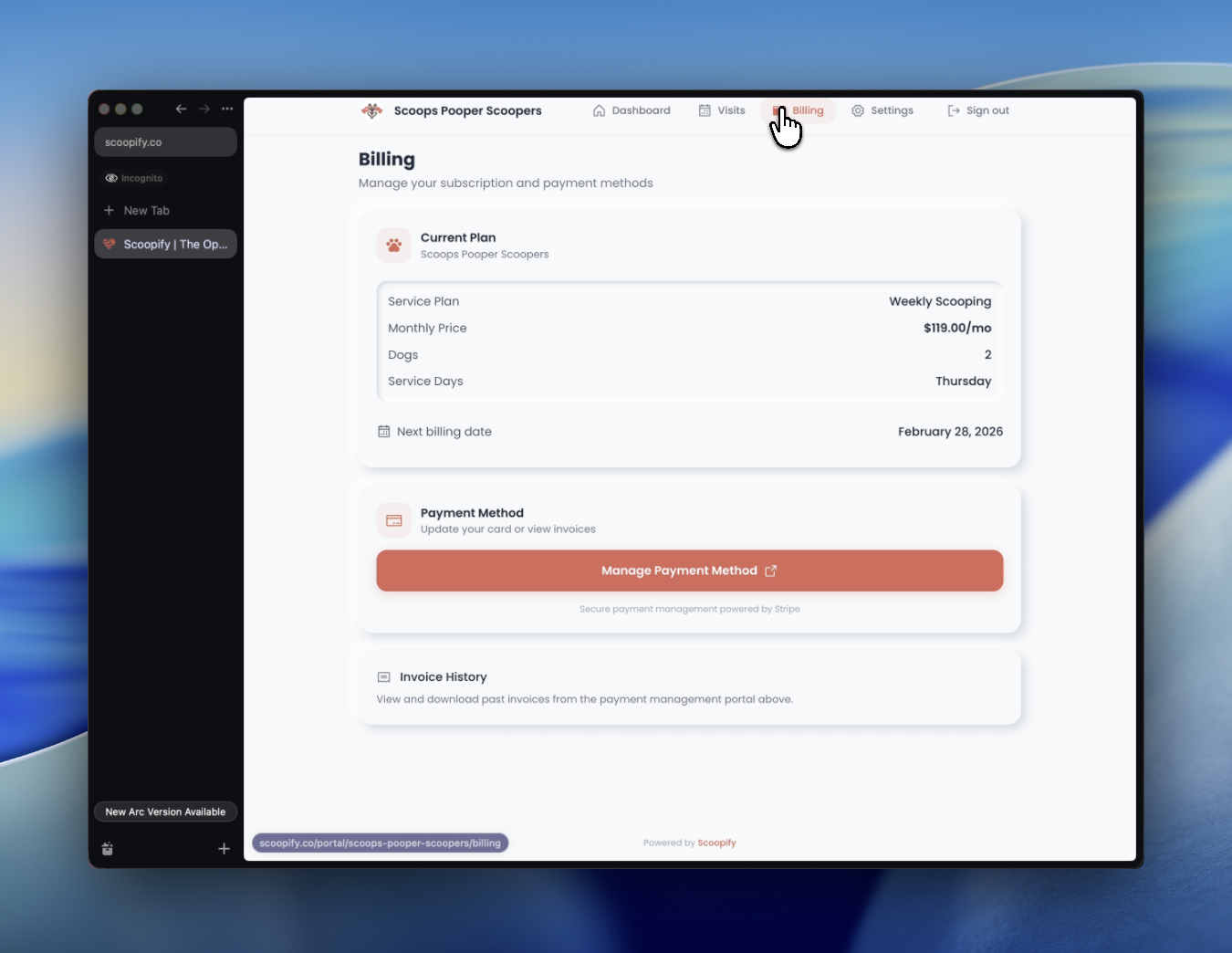 Billing tab showing service plan, monthly price, dogs, and service day