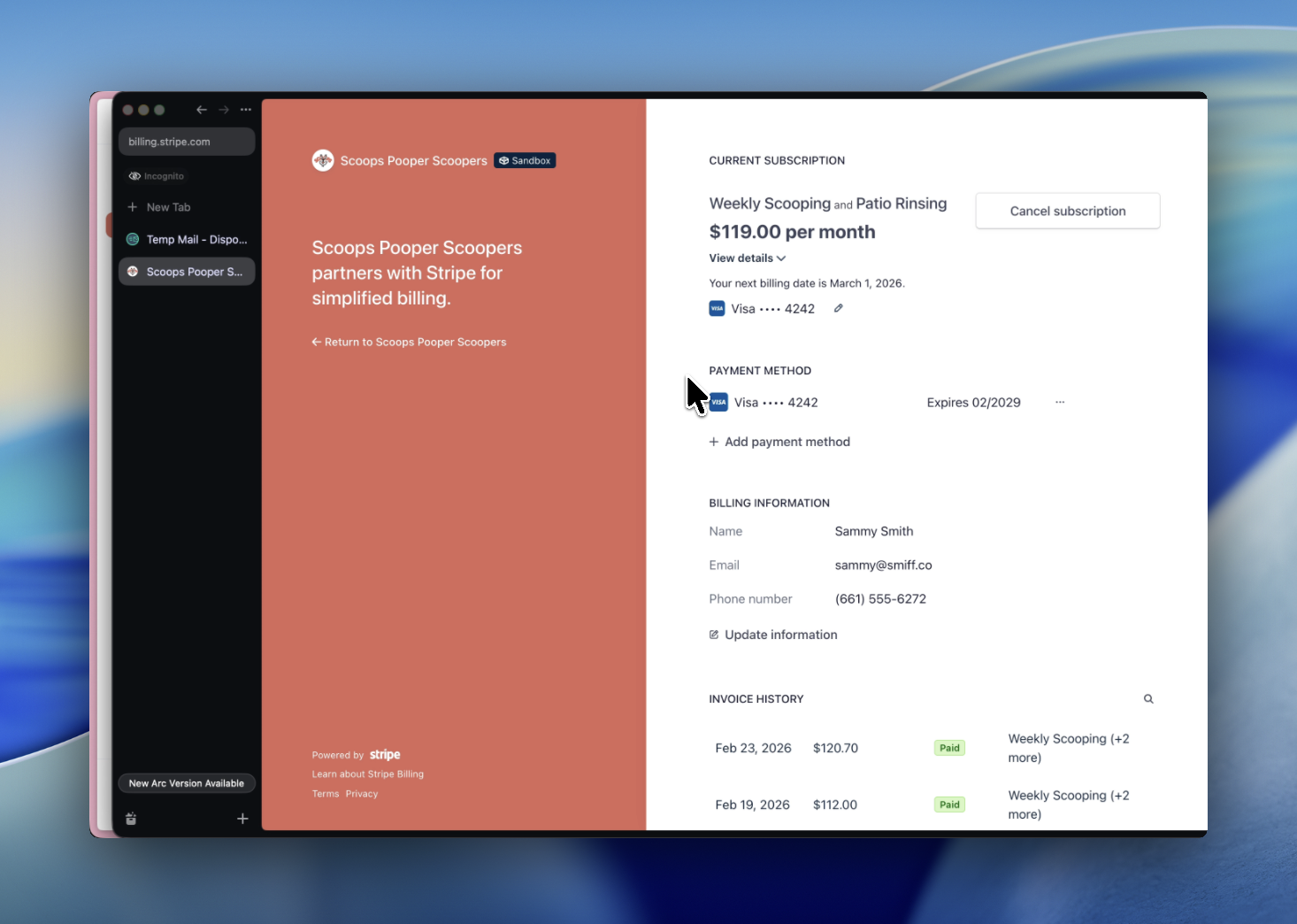Branded Stripe Customer Portal showing payment methods and invoice history