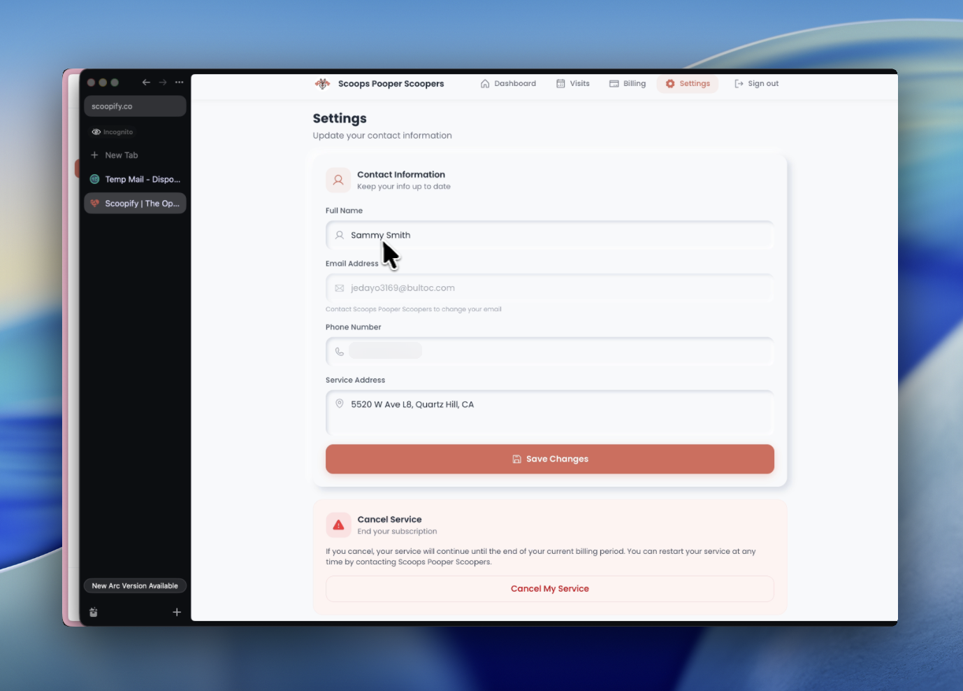 Settings tab showing name, phone, address, and cancel option