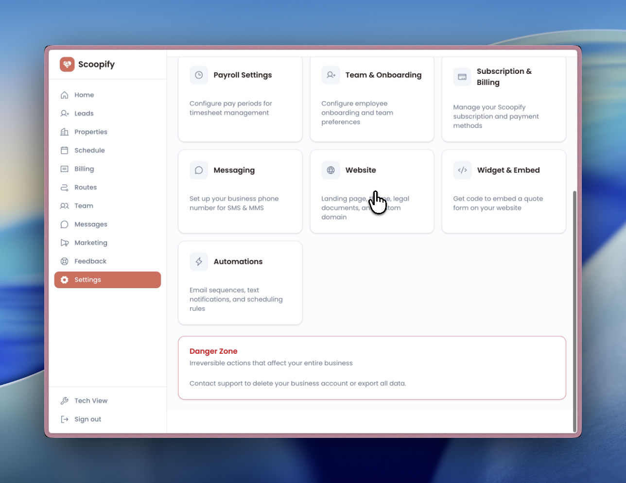 Settings page with the Website tab selected