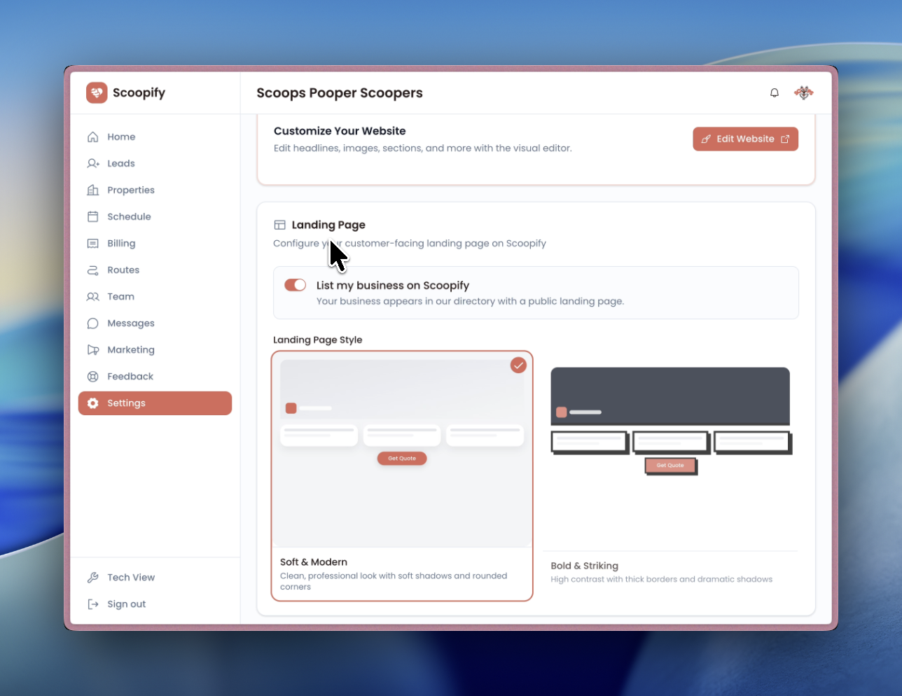 Landing page style selector and listing toggle