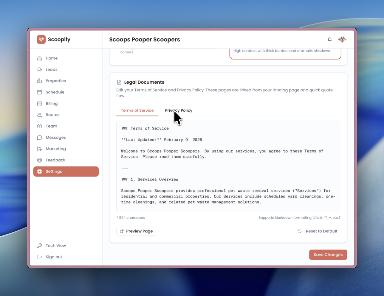 Legal section with Terms of Service, Privacy Policy, and reset button