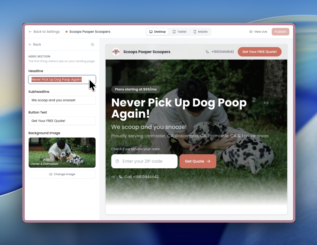 Hero section editor with headline, subheadline, button text, and image options