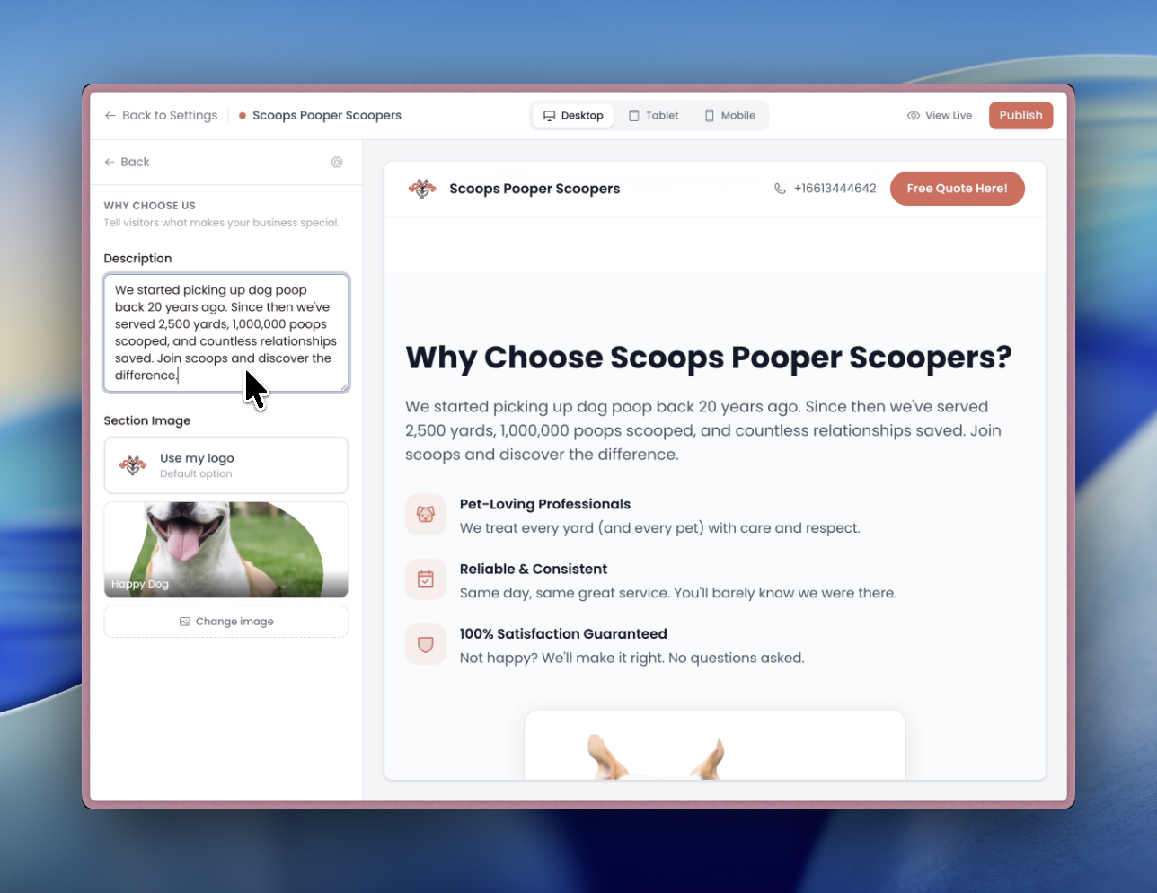 Why Choose Us section editor with description field and image options