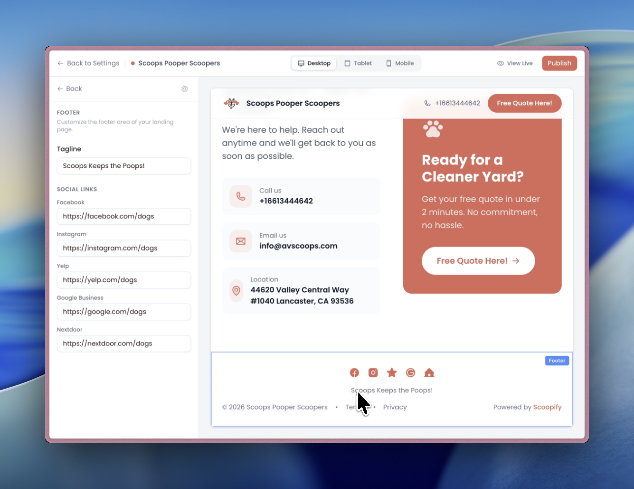 Footer editor showing tagline and social media link fields