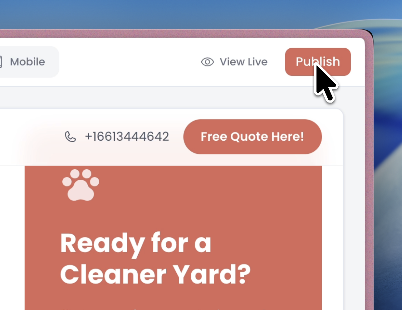 Publish button at the top of the website builder