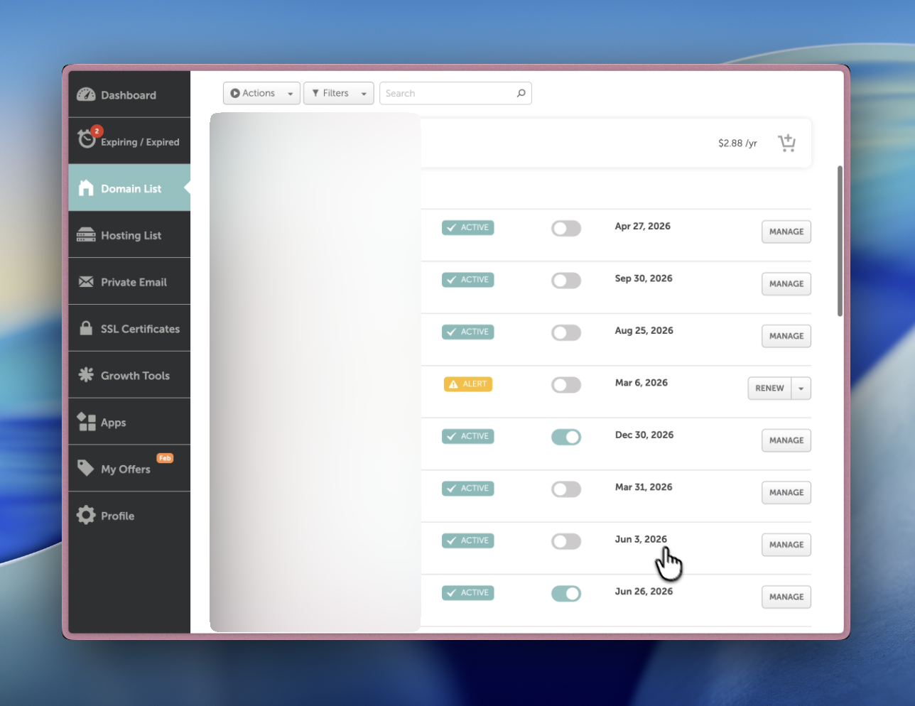 Namecheap dashboard showing the domain list