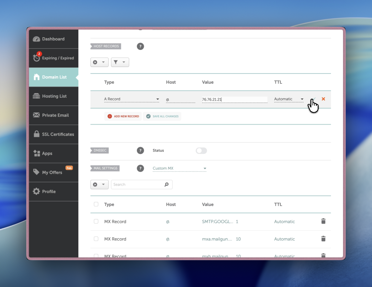Adding an A record in Namecheap with the IP address from Scoopify