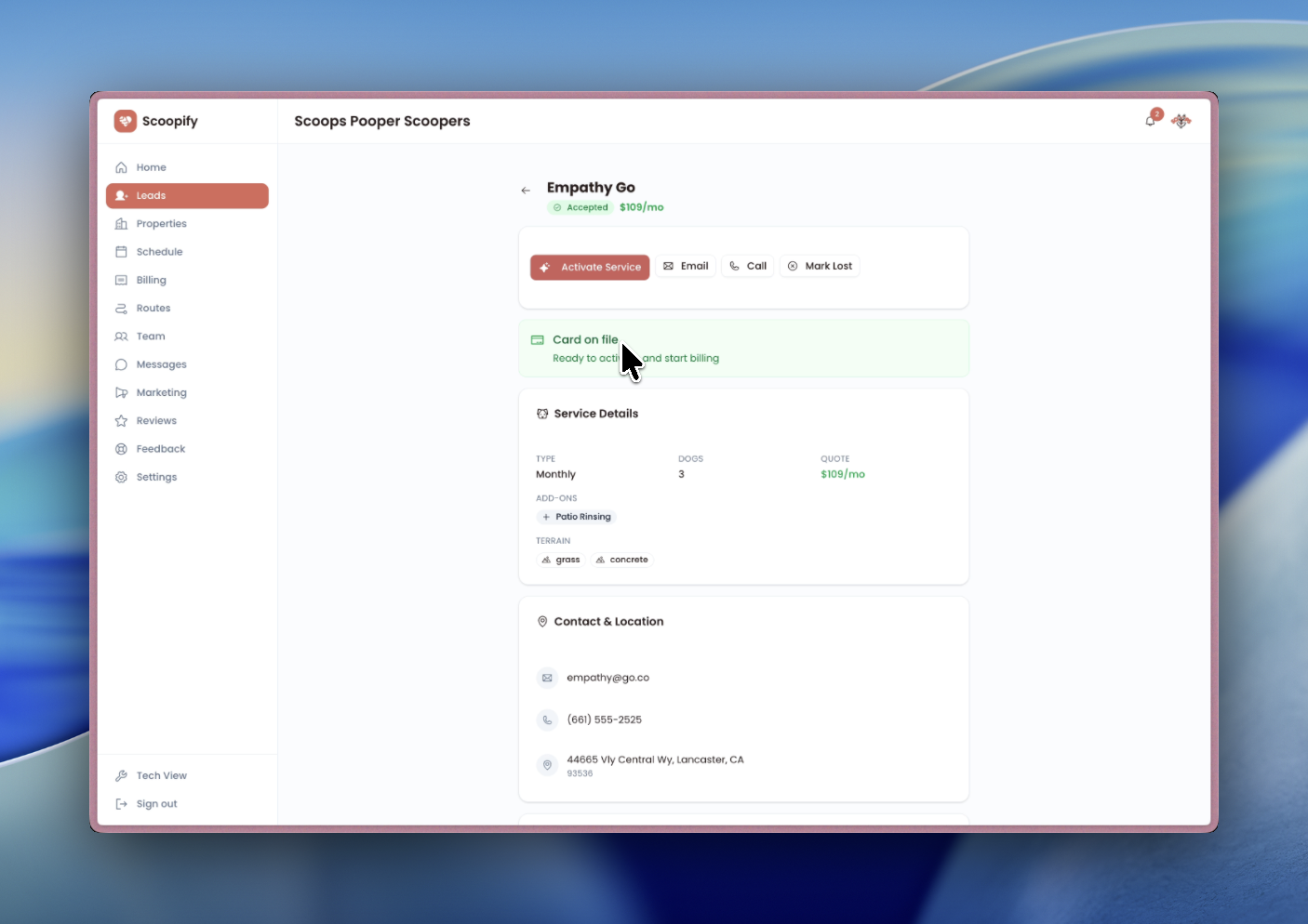 Lead detail now showing card on file and ready to activate