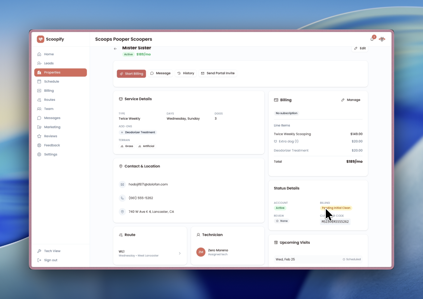 Property detail page showing Pending Initial Clean banner and Active status