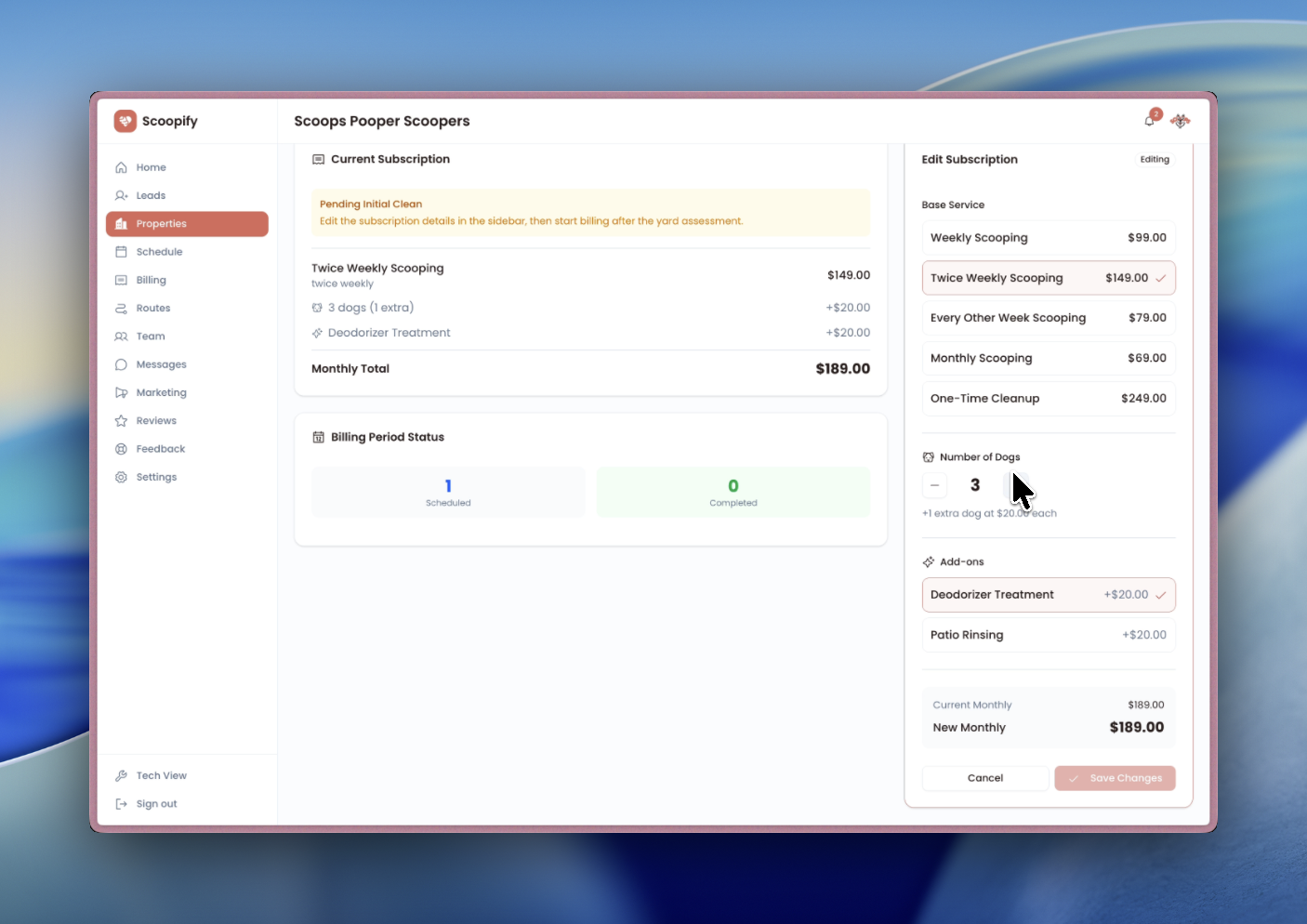 Edit Subscription sidebar showing base services, dog count, and add-ons