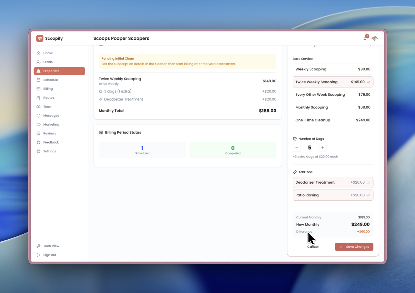 Subscription edited to 5 dogs with Patio Rinsing added, showing new monthly total