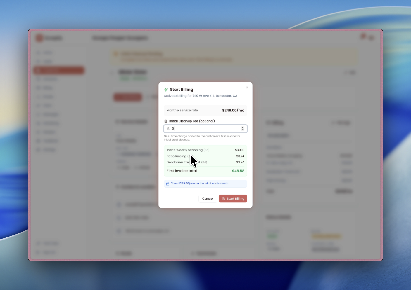 Start Billing modal showing initial clean fee, proration preview, and first invoice total