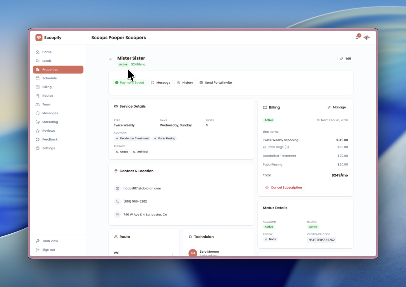 Property detail page showing active status with active billing