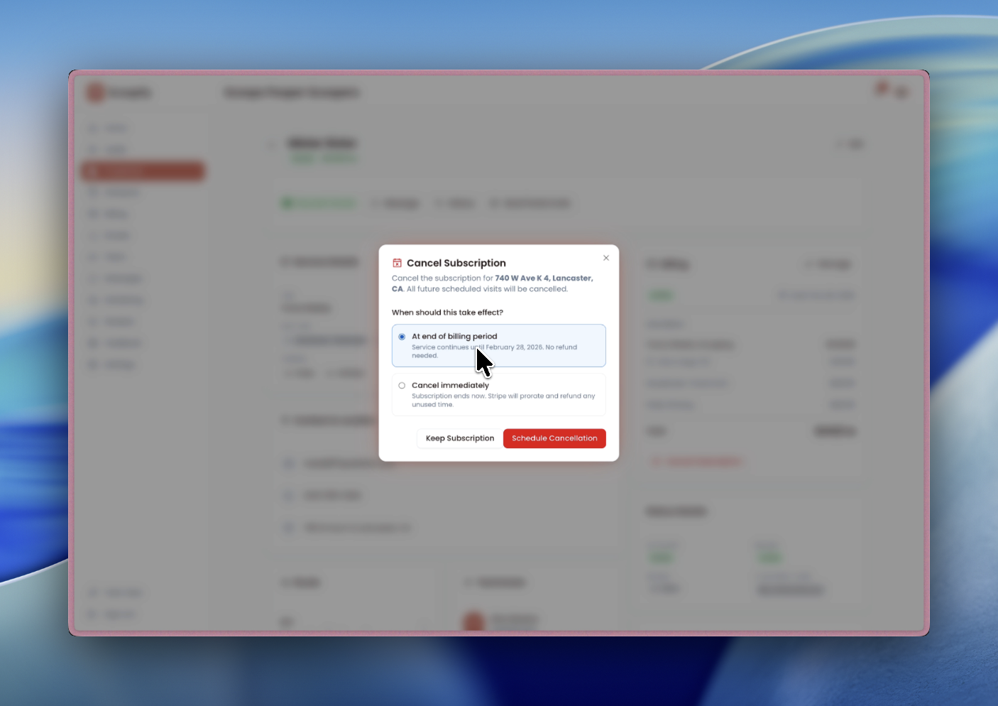 Cancel Subscription modal with two timing options
