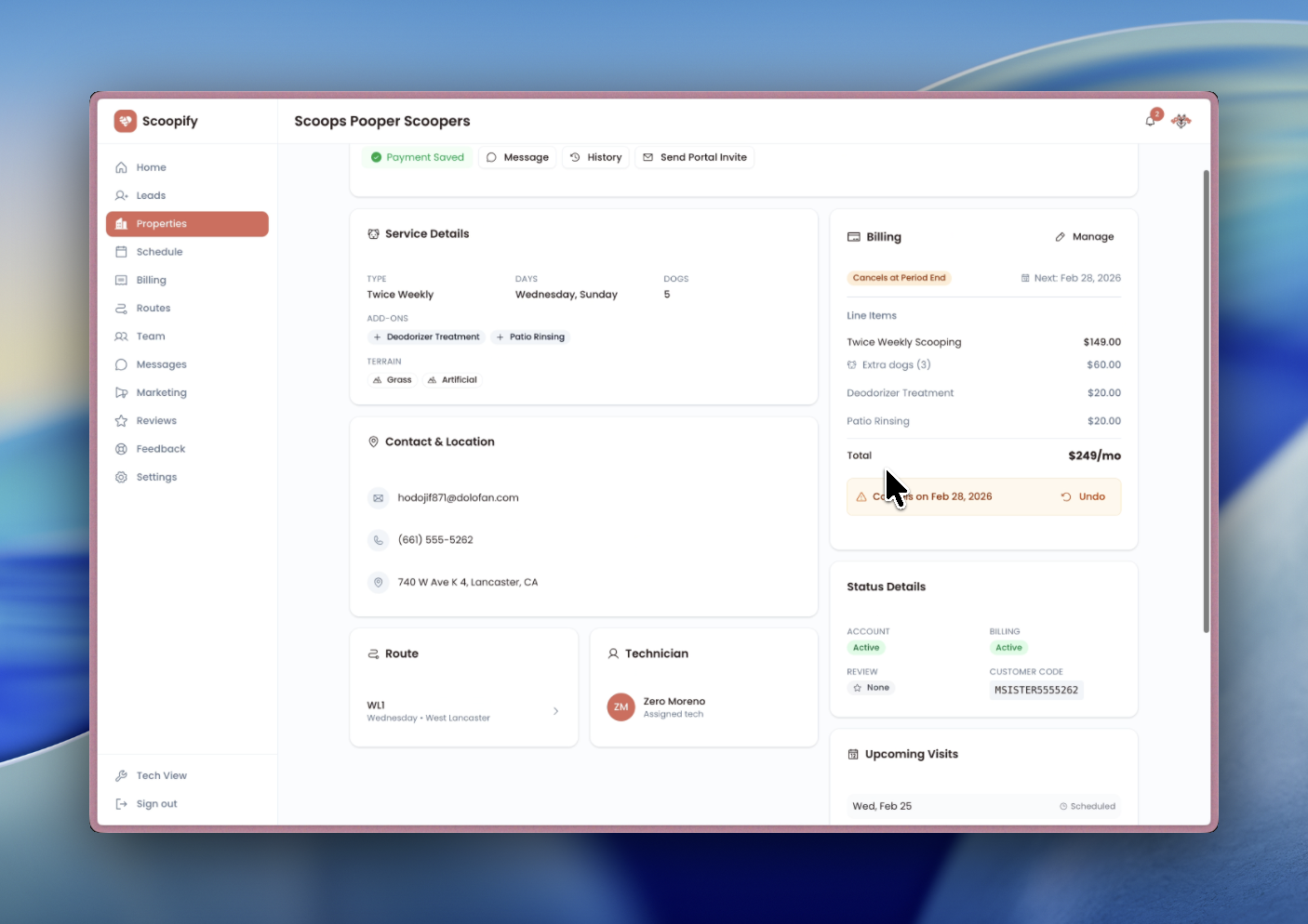 Property showing pending cancellation banner with scheduled date and Undo button