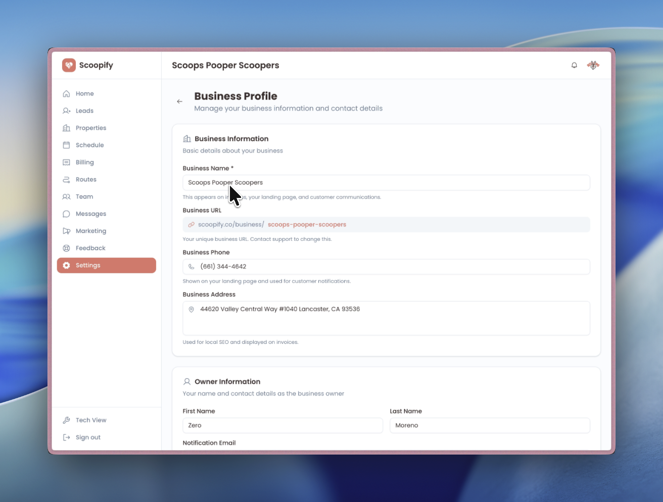 Settings page showing business URL, logo, brand color