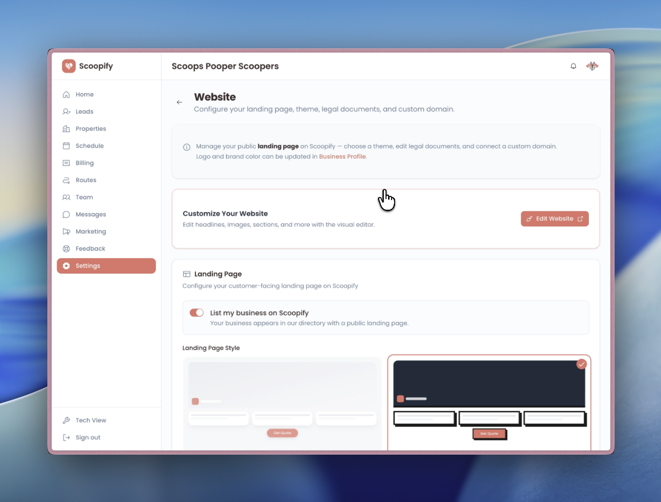 Website Settings page with edit link, directory toggle, custom domain