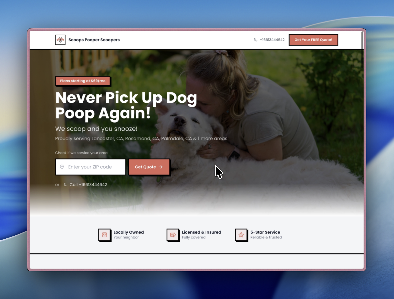 Your free landing page with headline and CTA buttons