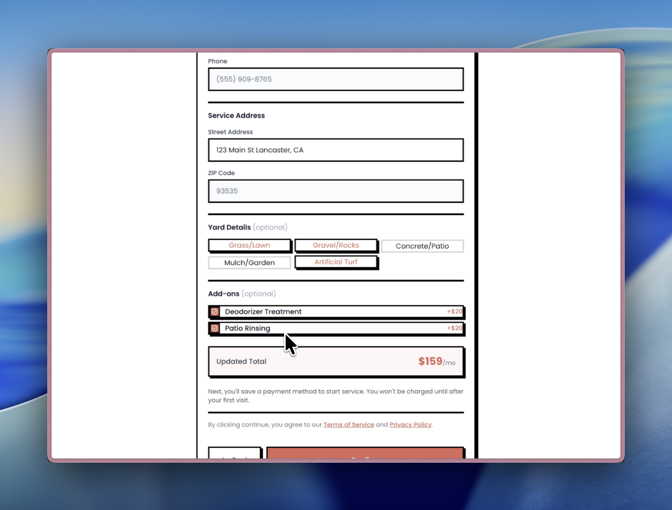 Yard details, add-ons, and updated total