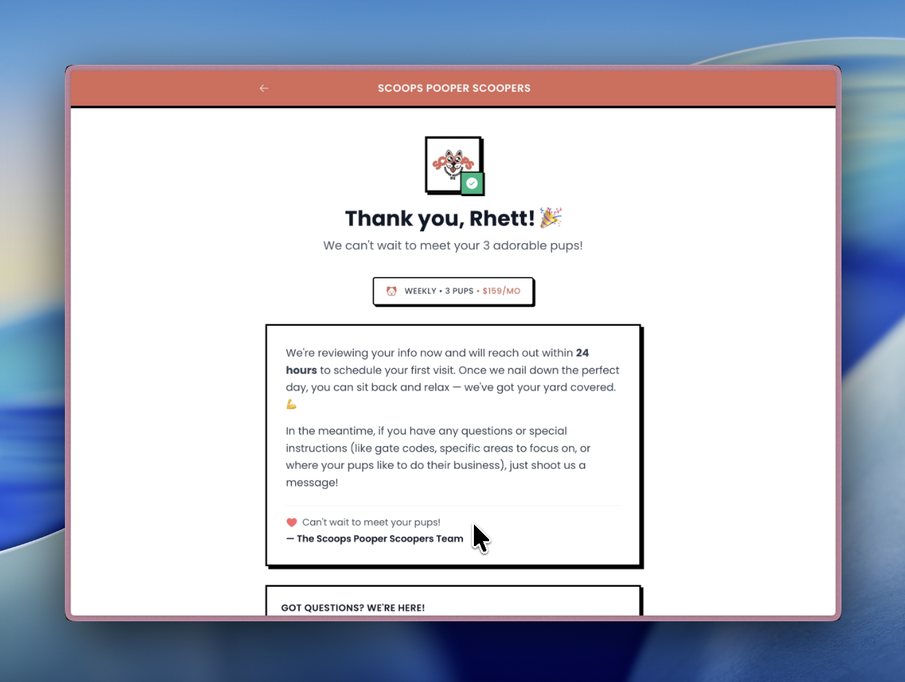 Confirmation page with service summary