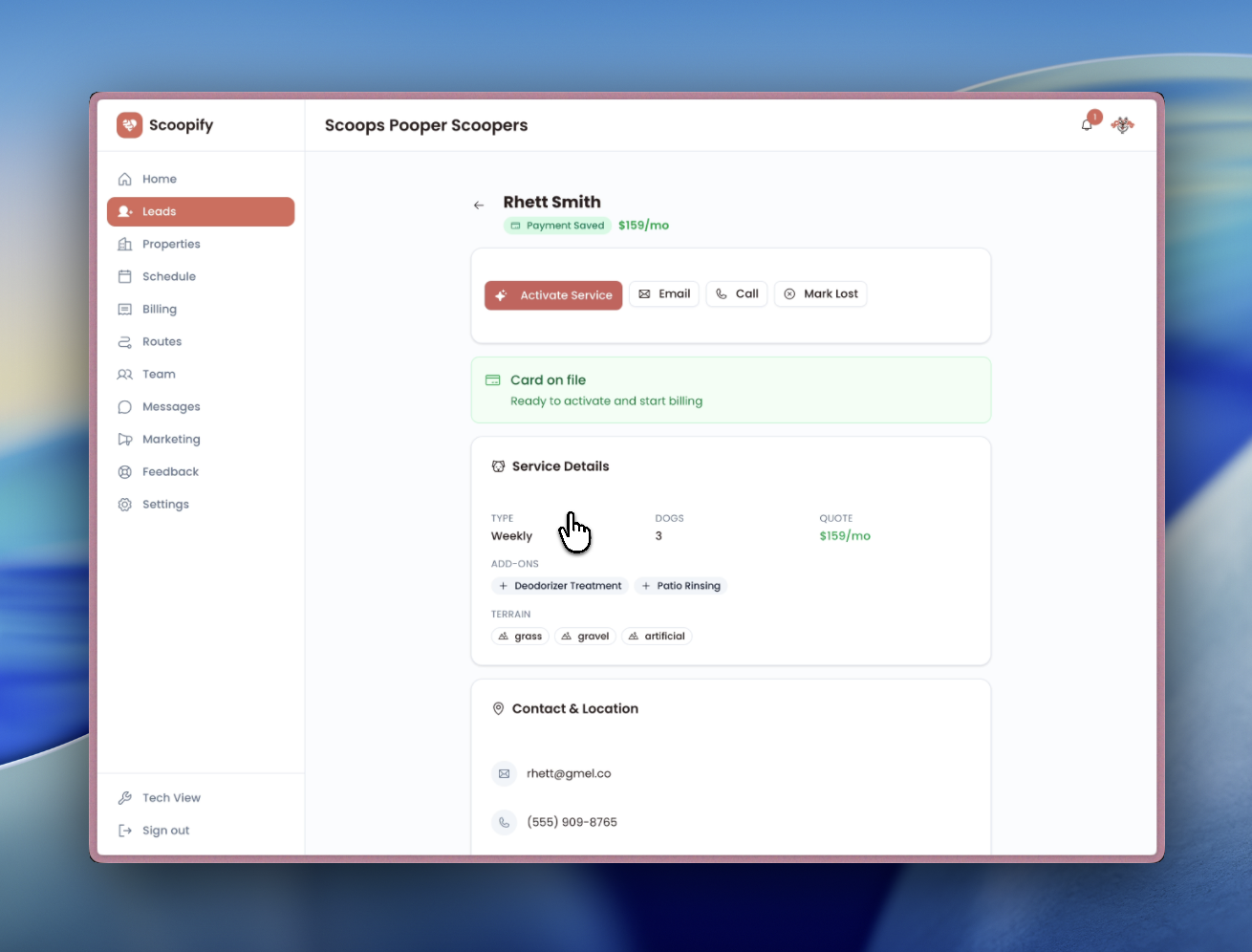 Lead detail page with all submitted info and action buttons