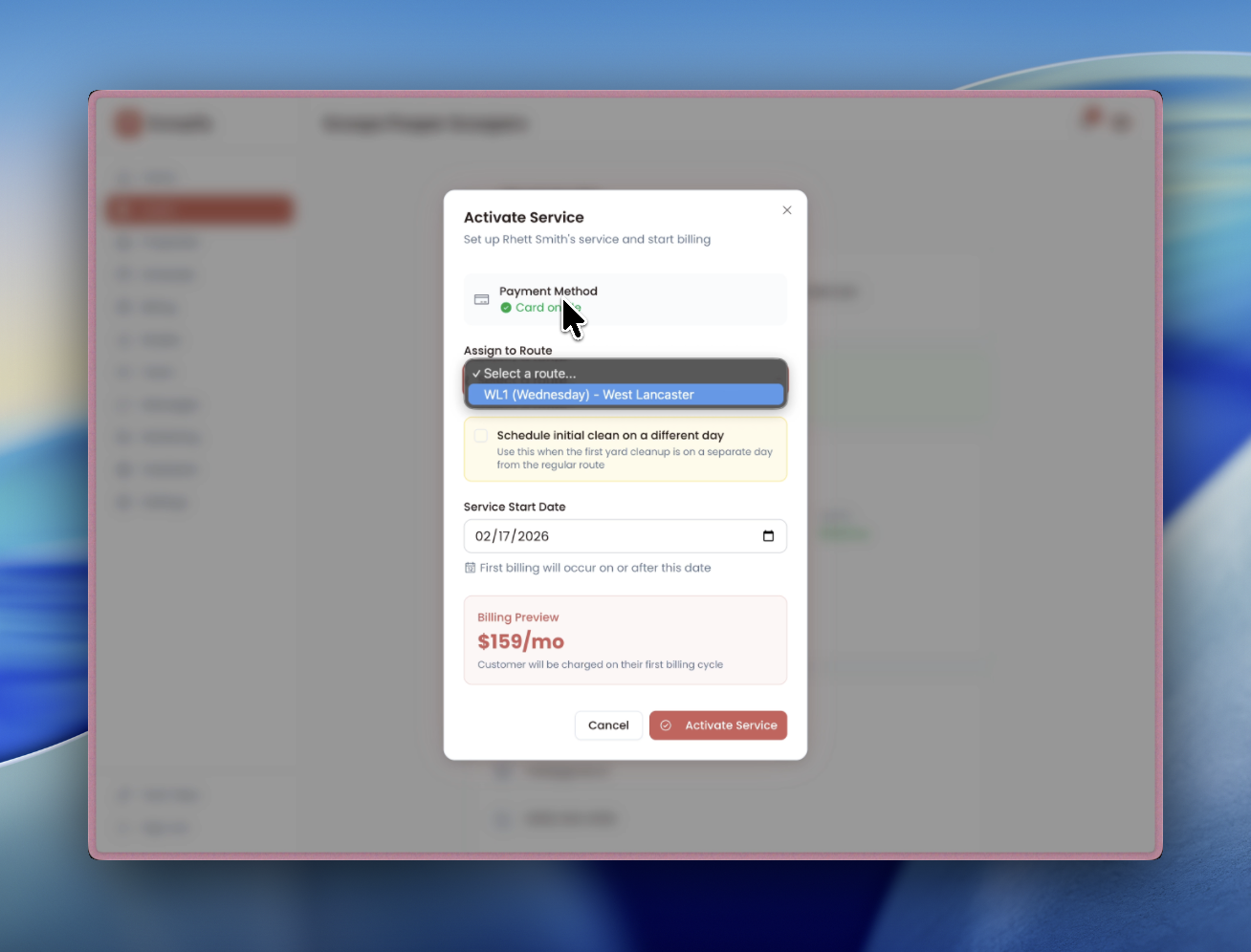 Activate service modal with initial clean date picker