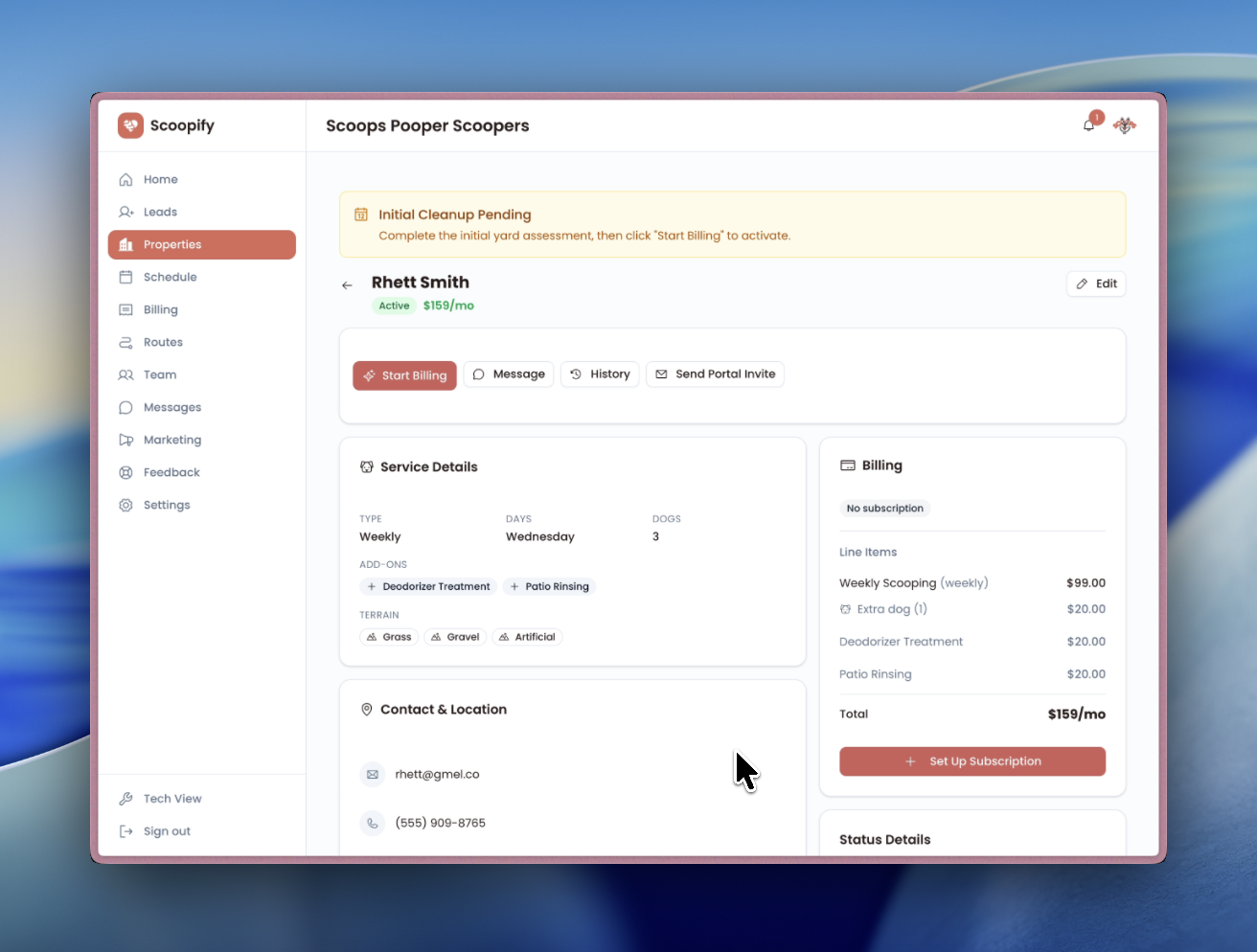 Property page after activation before billing