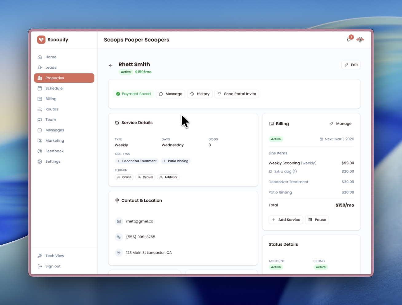 Property page after billing started showing active status and next invoice