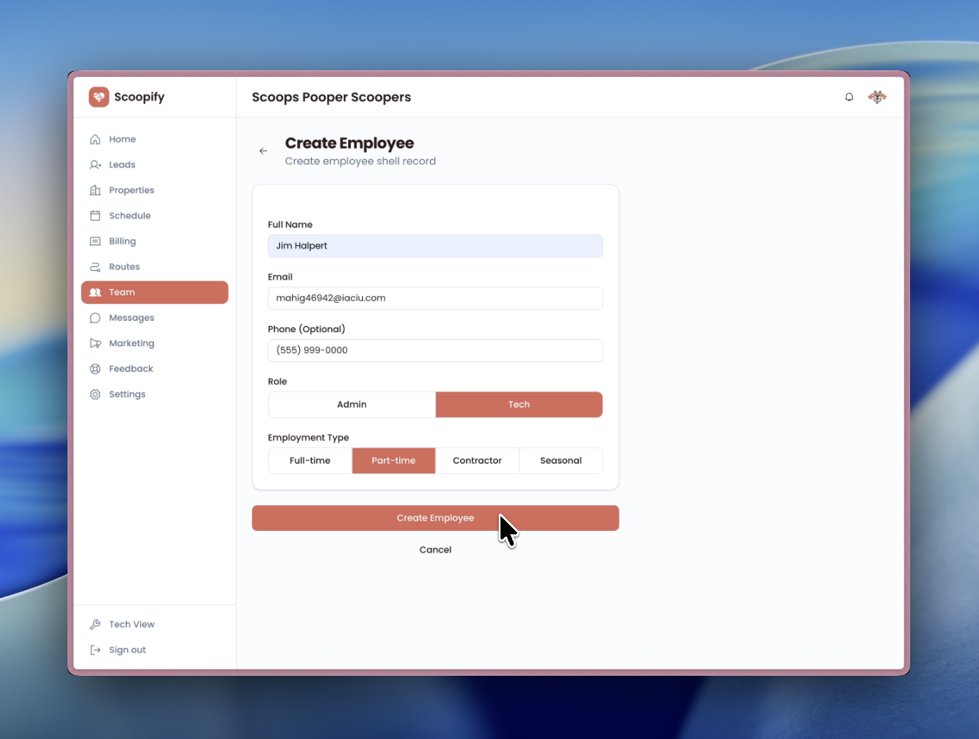 Add employee form with name, email, role, and employment type
