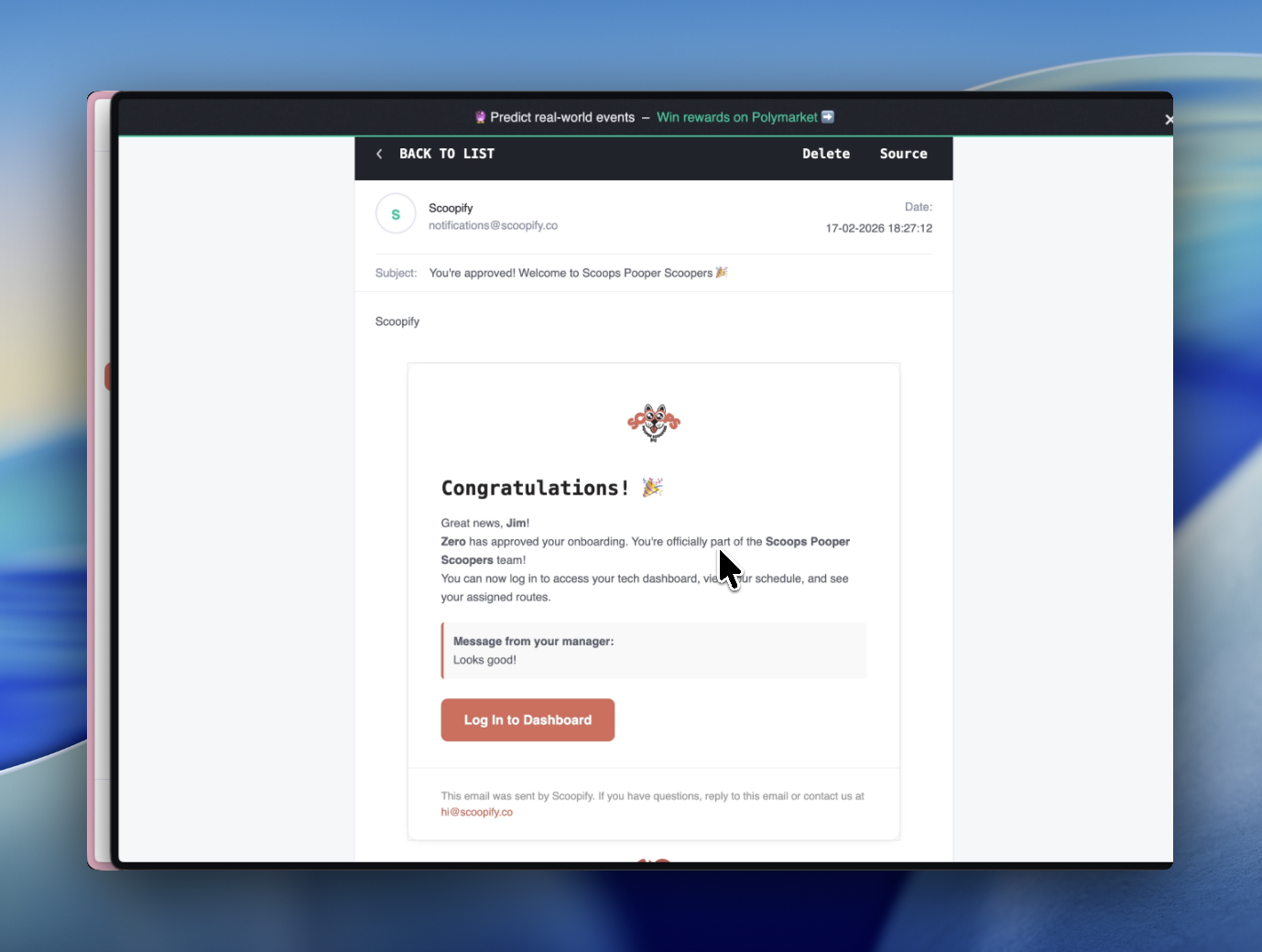 Approval confirmation email with personalized message from manager