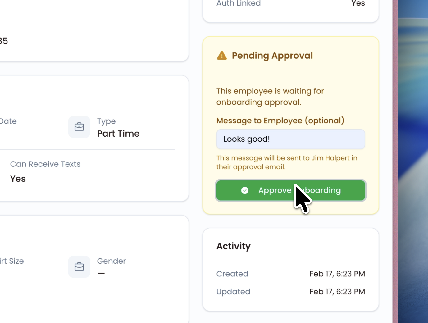 Approve onboarding with personalized message