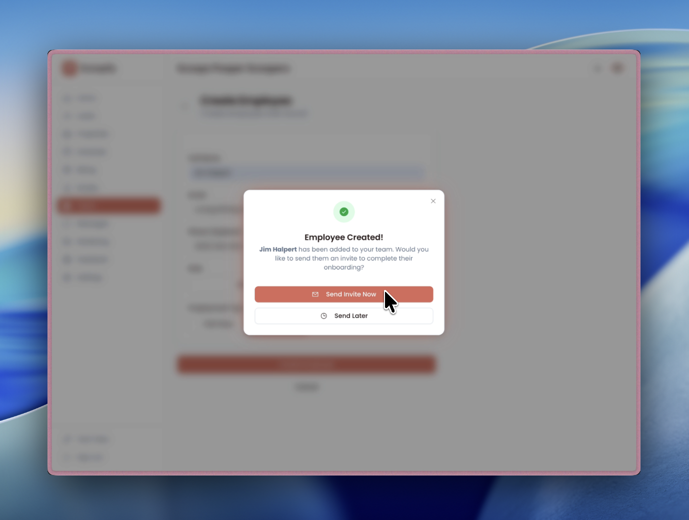 Employee created confirmation with send invite option