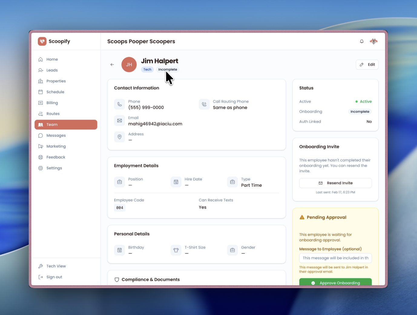 Employee detail page showing incomplete onboarding status and approval module