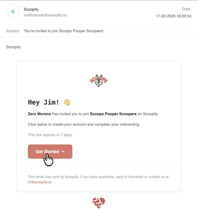 Personalized onboarding invite email with Get Started button