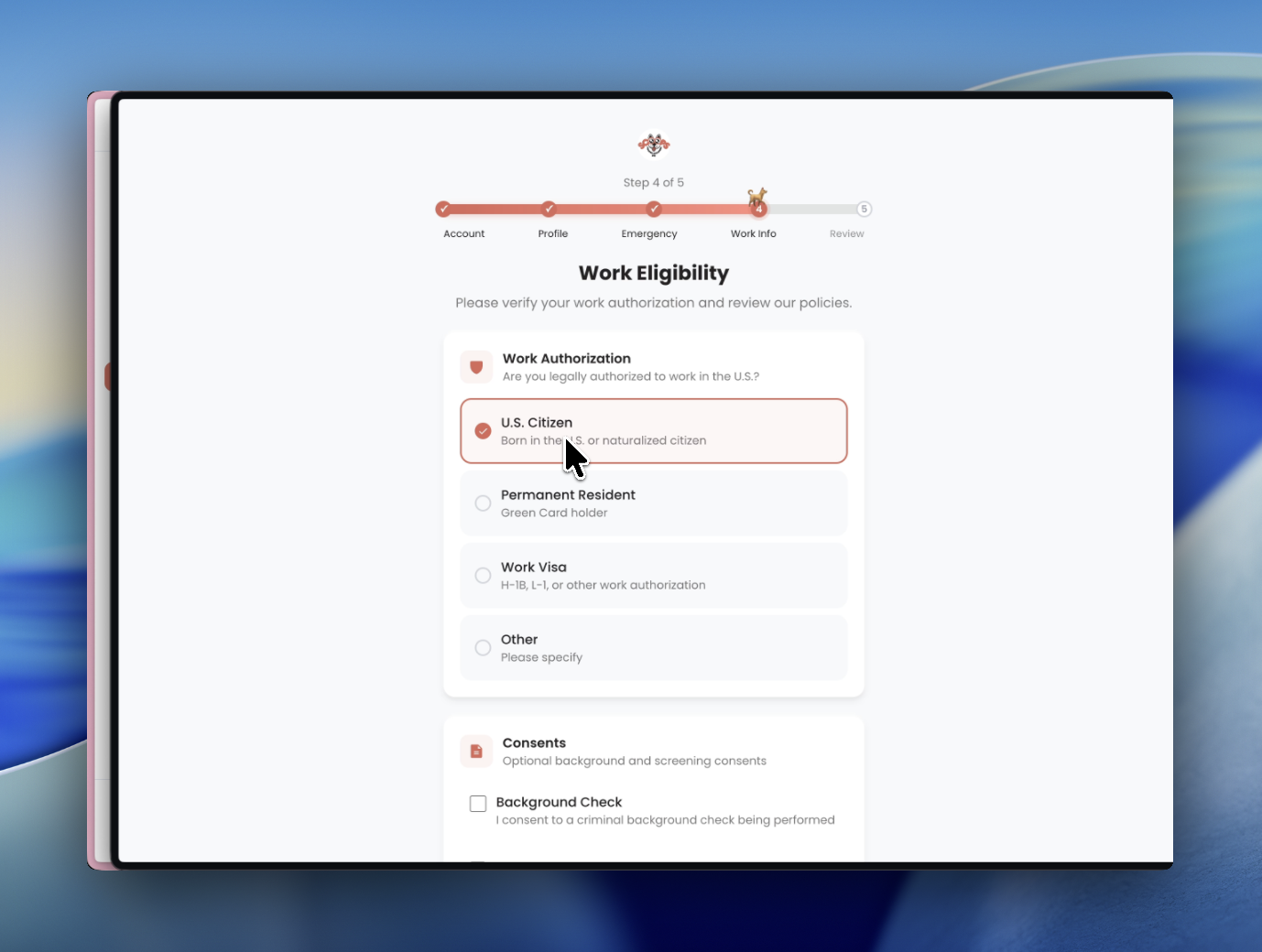 Work authorization, background check, and drug screening step