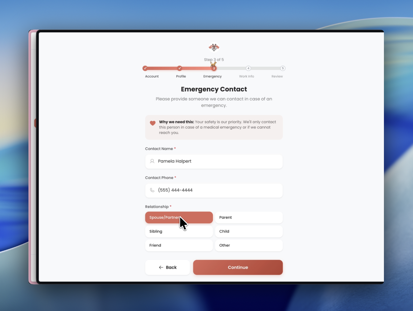 Emergency contacts step