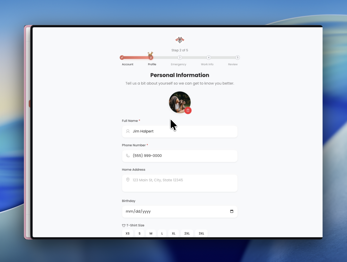 Profile step with photo, address, birthday, t-shirt size, and allergies