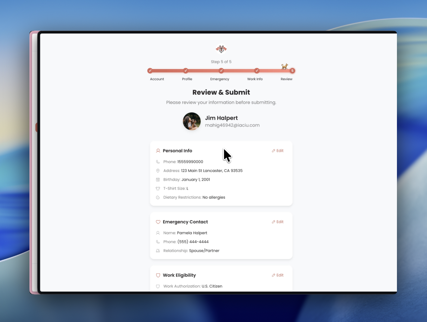 Review and submit screen with certification checkbox