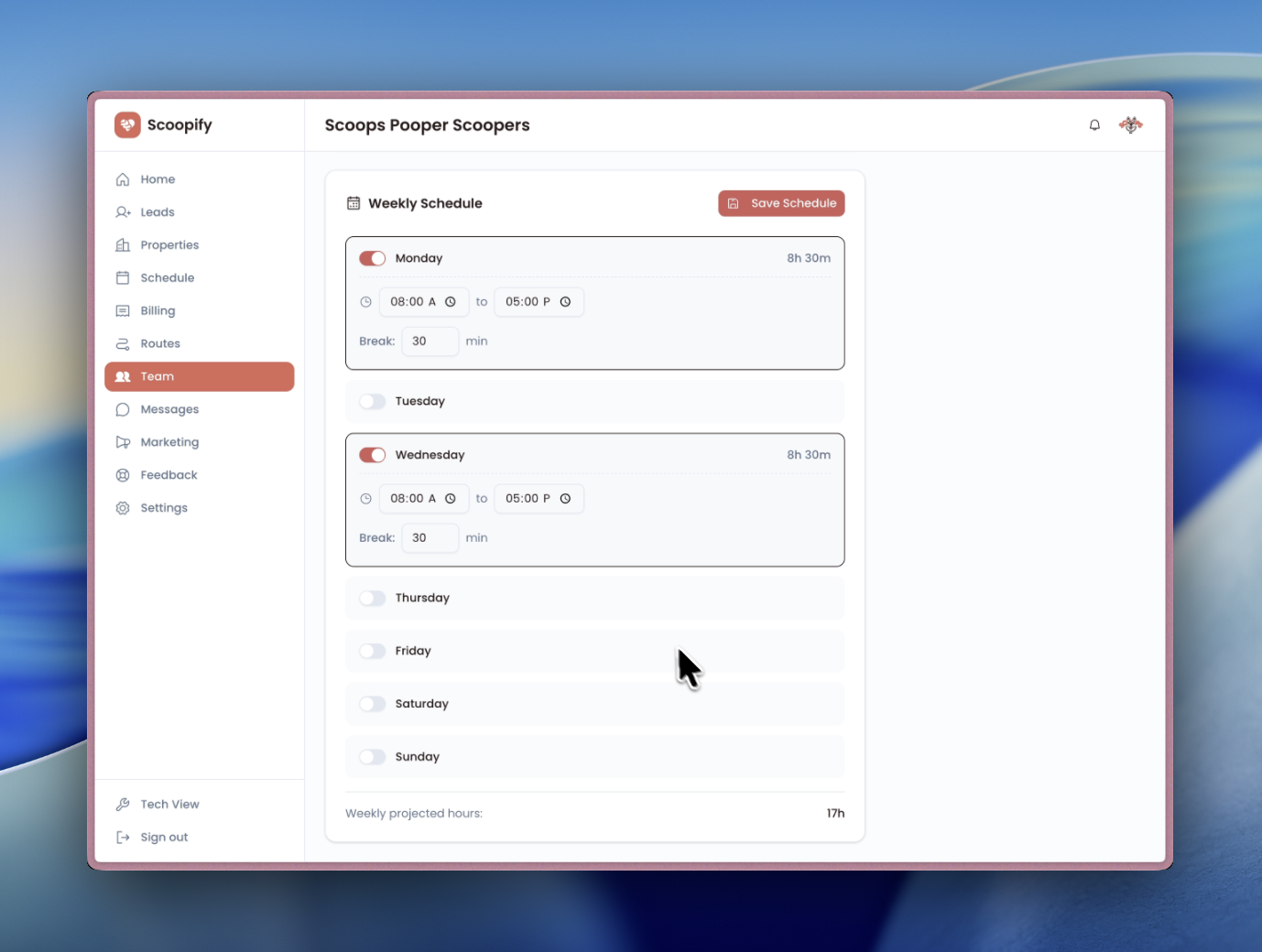 Setting up the employee weekly schedule