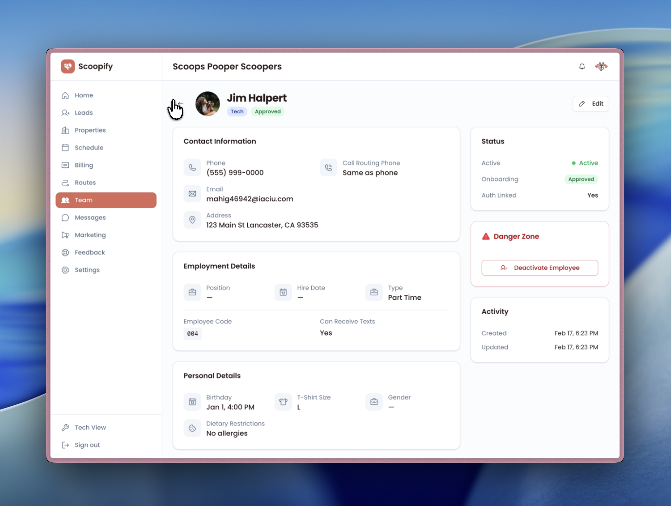 Team members list showing employee with approved active status