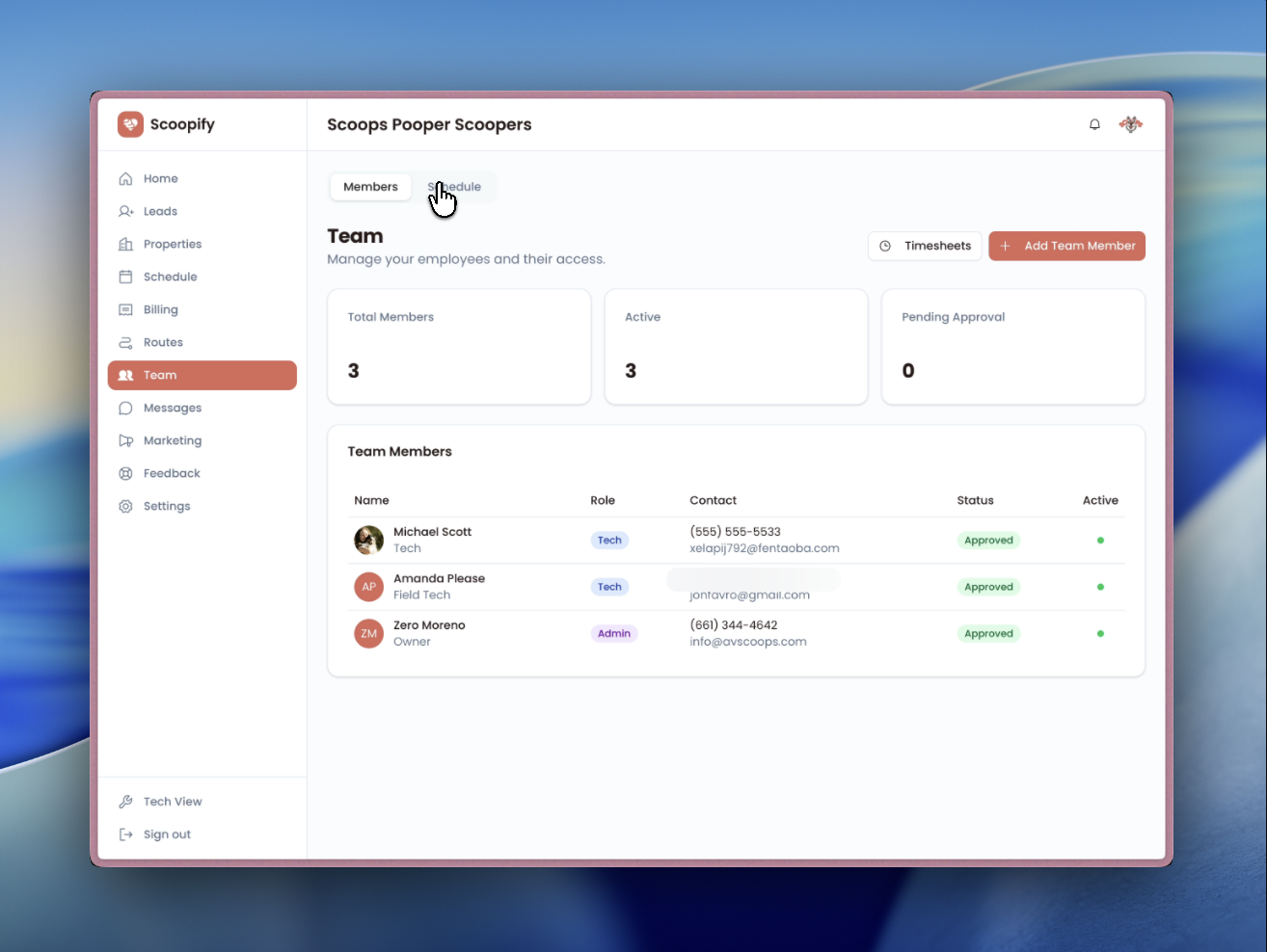 Schedule tab showing who works what days, times, and routes