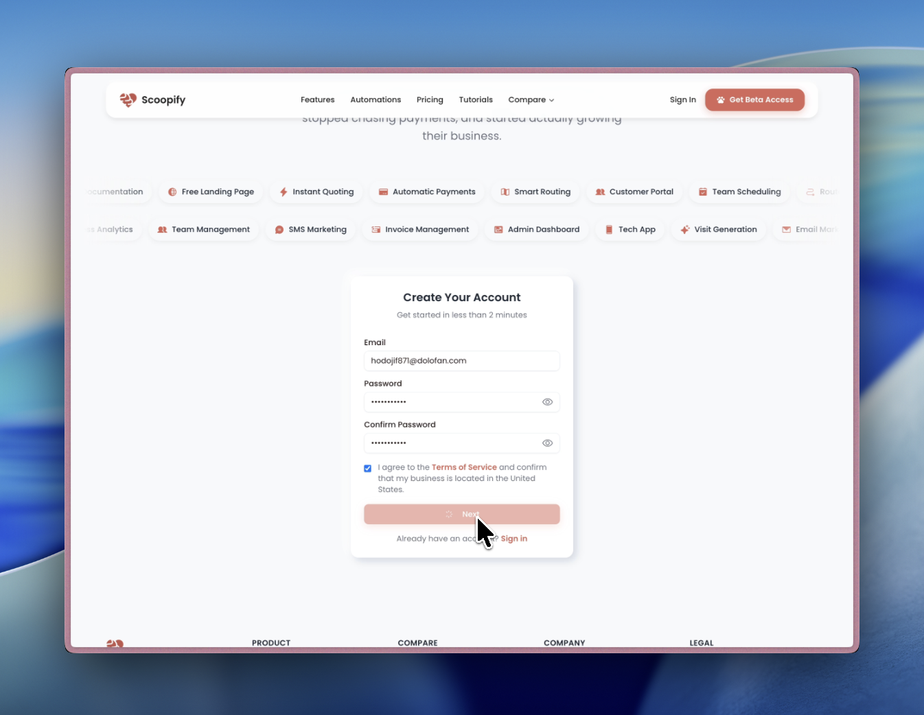 Scoopify signup page with email and password fields