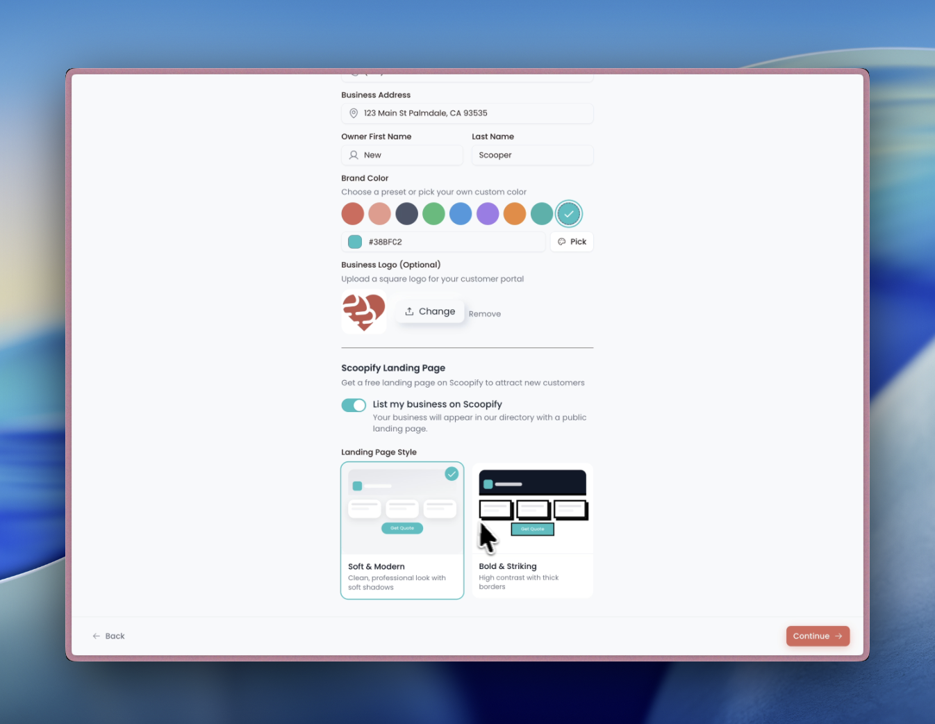 Business name and phone number fields during onboarding