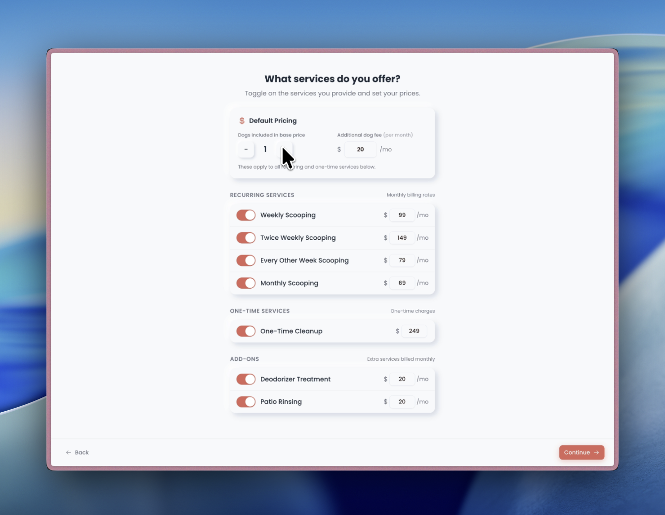 Pricing configuration showing dogs included and additional dog fee